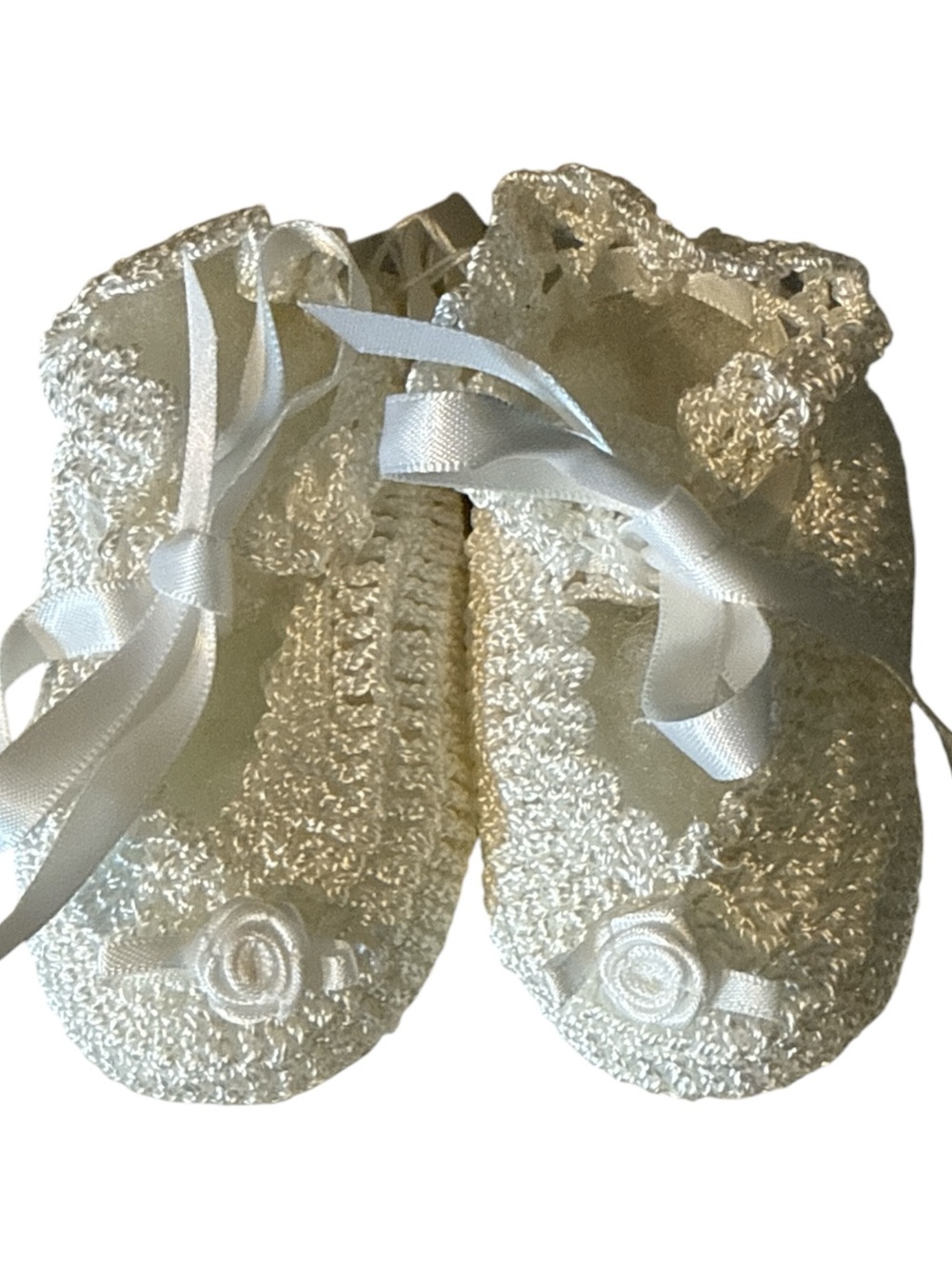 Baby Girl Size 1 White Crochet Lace Ribbon Booties Rosette Handmade